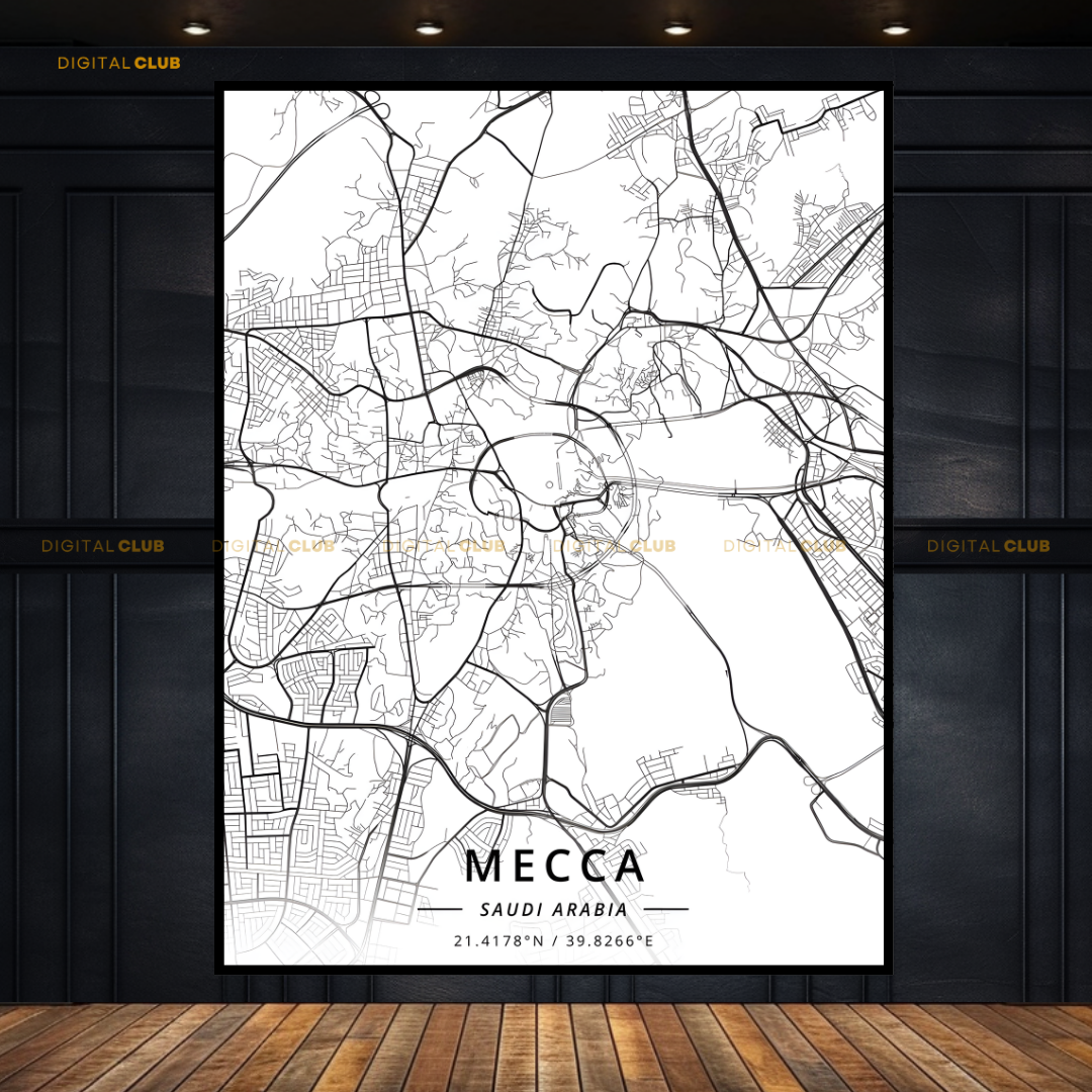 Mecca - Saudi Arabia - White MAP - Premium Wall Art