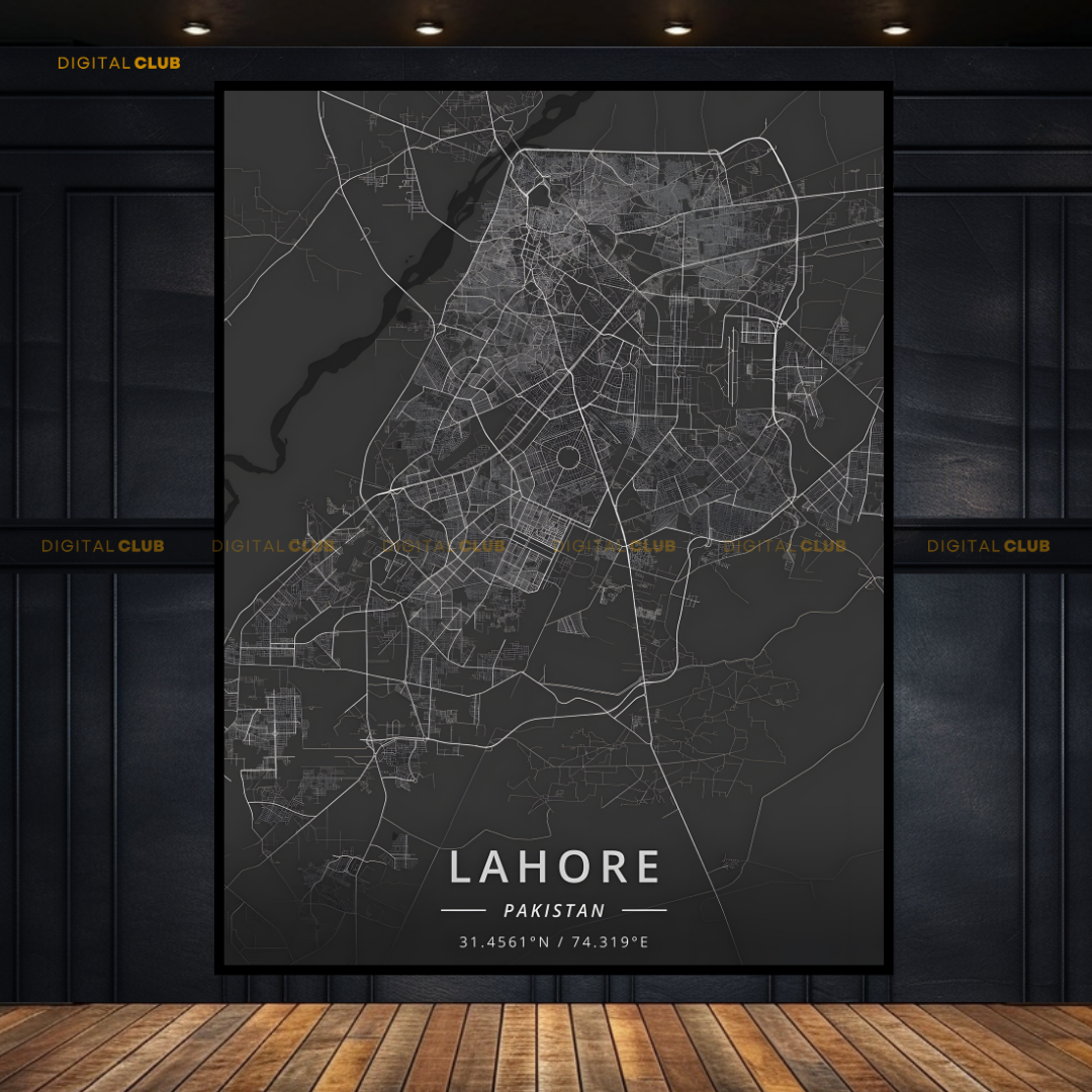 Lahore - Black Map - Premium Wall Art