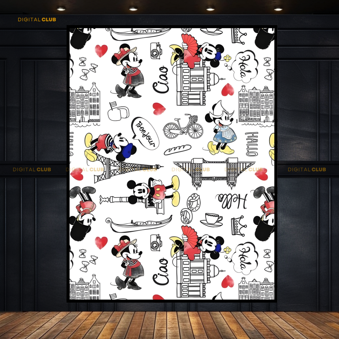 Mickey & Minnie in Paris Pattern Premium Wall Art