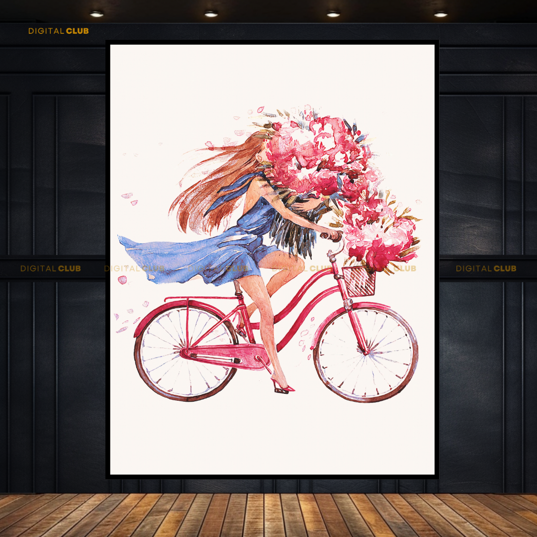 Girl on a Bike with Flowers Premium Wall Art
