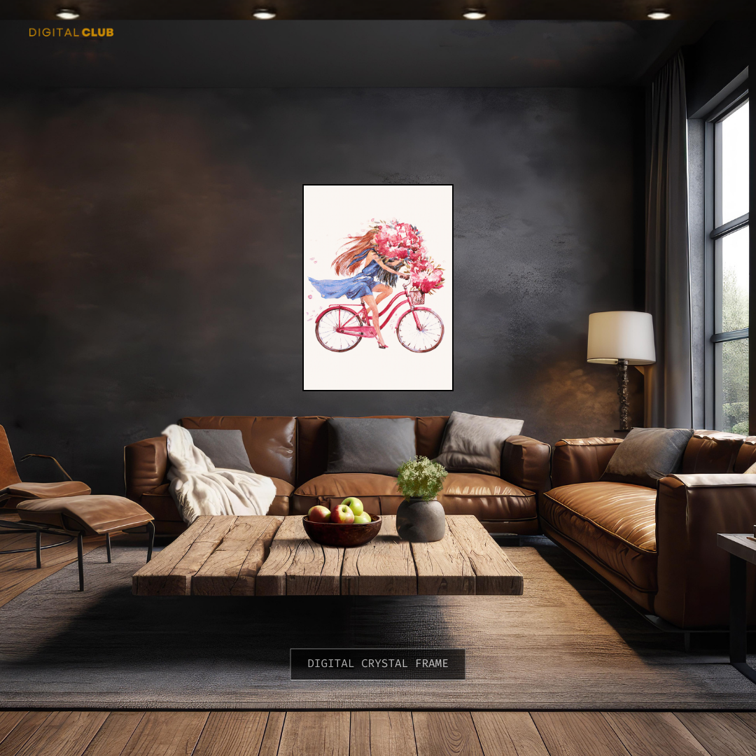 Girl on a Bike with Flowers Premium Wall Art