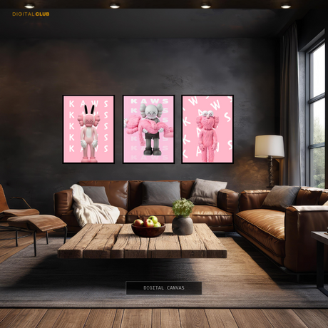 KAWS Pink Figurine - 3 Panel Wall Art